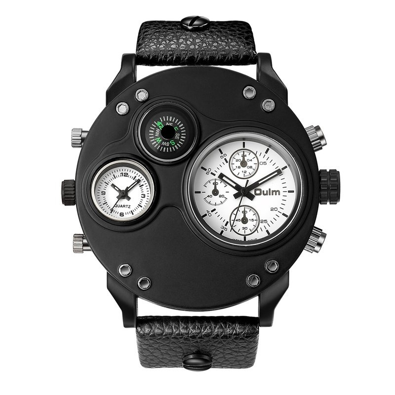 Black Leather Double Time Zone Quartz Watch