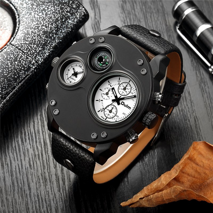 Black Leather Double Time Zone Quartz Watch