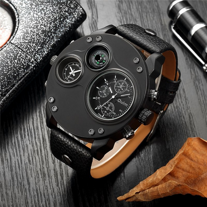 Black Leather Double Time Zone Quartz Watch