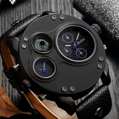 Black Leather Double Time Zone Quartz Watch