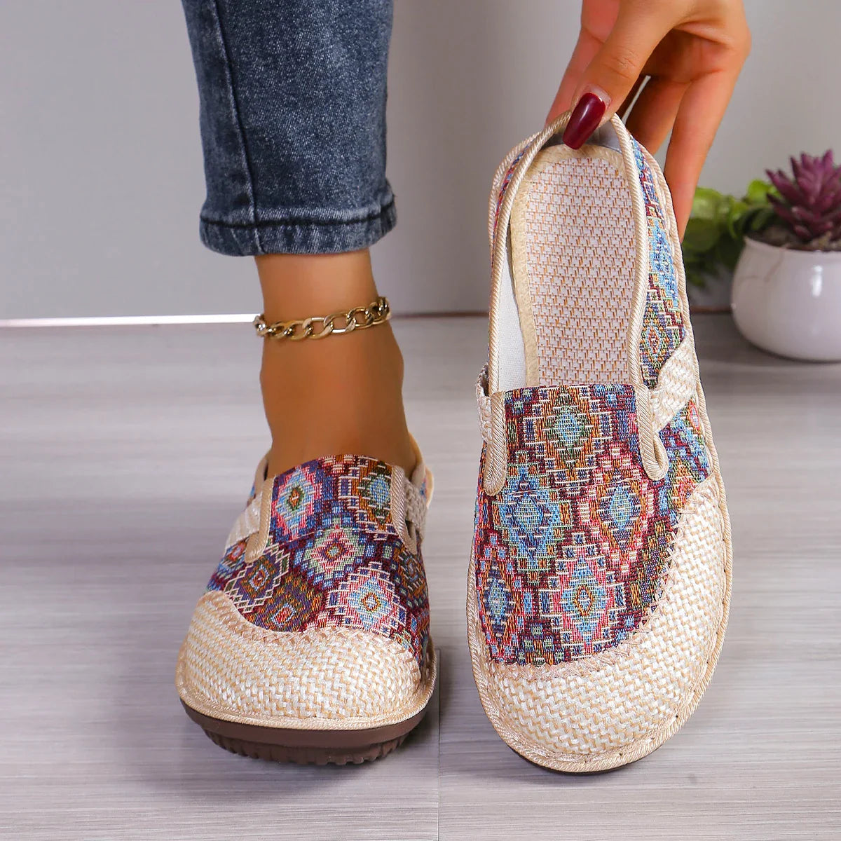 Panama Weave Slip-On shoes with jute weave design, natural hemp upper, and durable rubber sole for comfort and style.