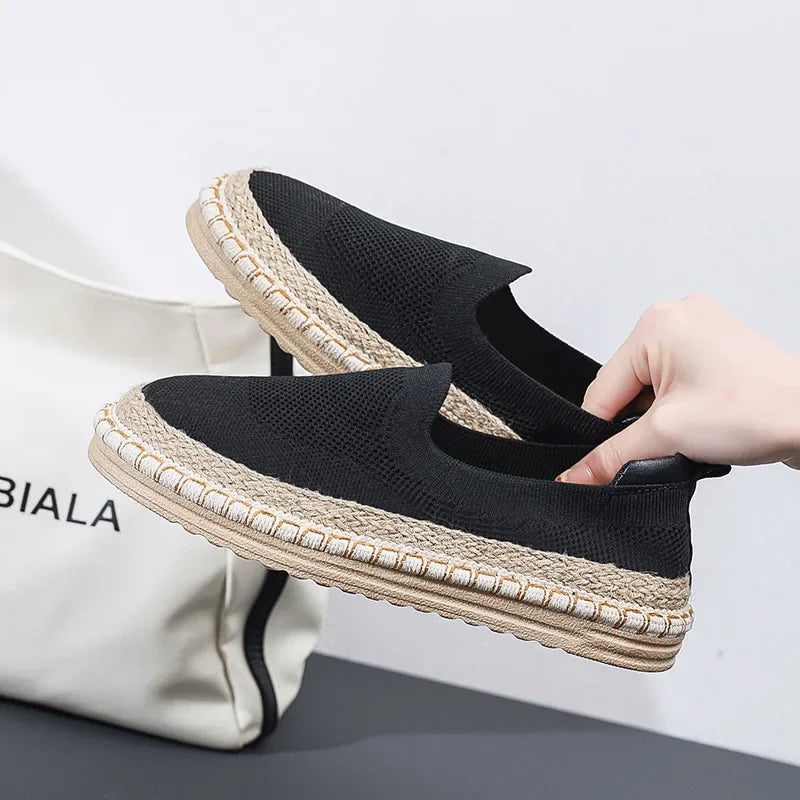 Women's Sol Knit Espadrilles in black, featuring a breathable air mesh upper, braided jute sole, and lightweight design.