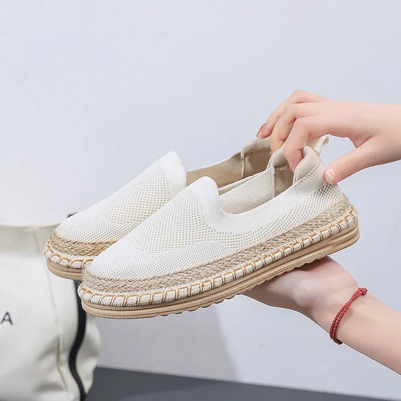 Women's Sol Knit Espadrilles in white, featuring a breathable air mesh upper, braided jute sole, and lightweight design.