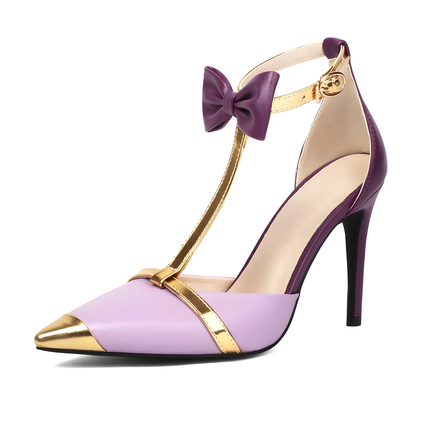 Gisele Bow-Strap Stilettos in lavender vegan leather, featuring a pointy-toe design, gold accents, and a 10cm high heel.