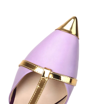 Gisele Bow-Strap Stilettos in lavender vegan leather, featuring a pointy-toe design, gold accents, and a 10cm high heel.