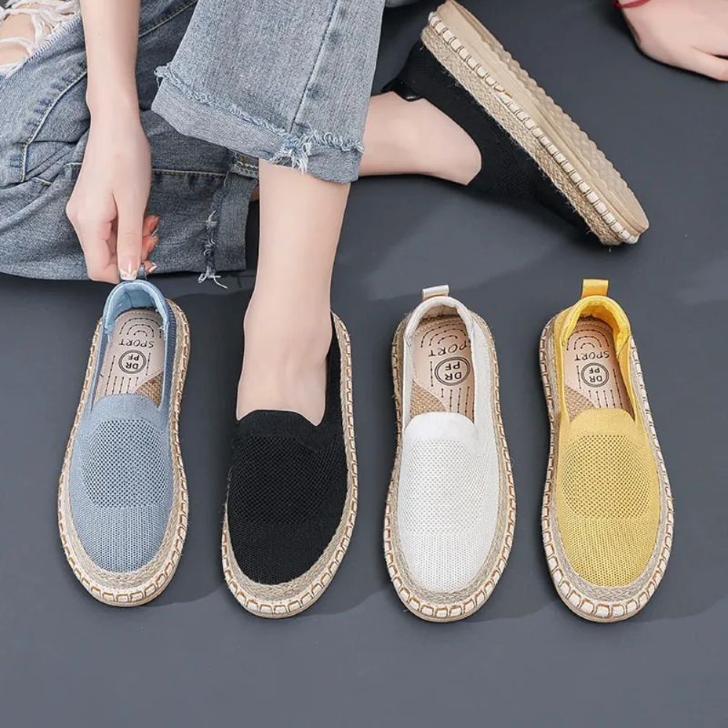 Women's Sol Knit Espadrilles in yellow,blue,black and white, featuring a breathable air mesh upper, braided jute sole, and lightweight design.