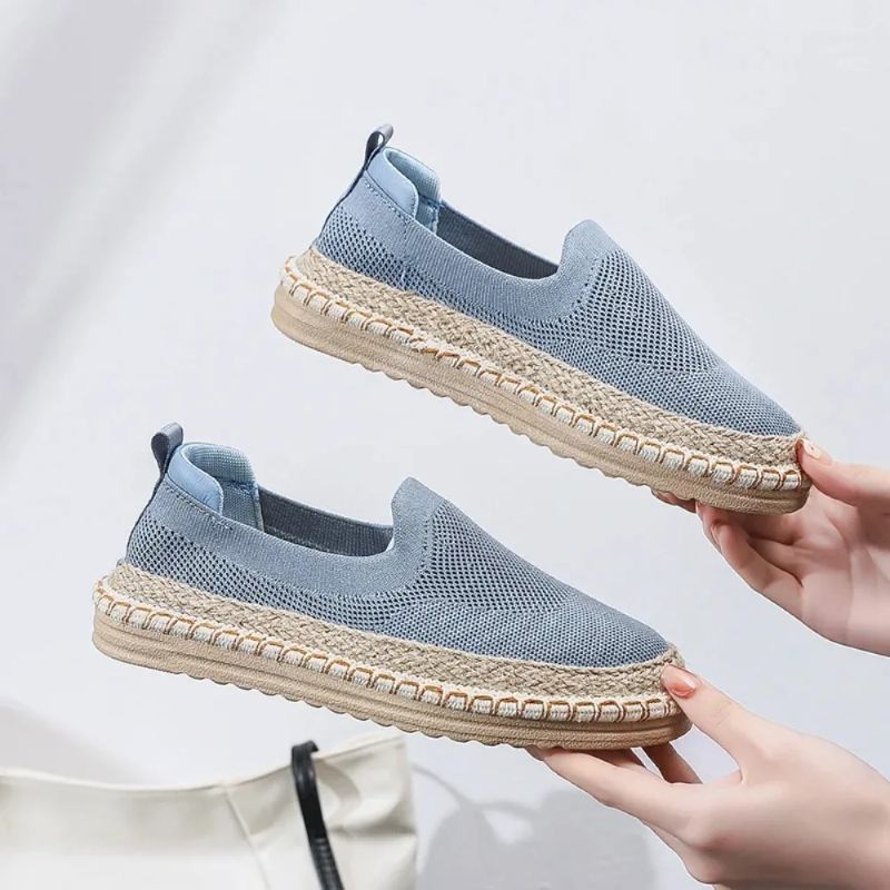 Women's Sol Knit Espadrilles in blue, featuring a breathable air mesh upper, braided jute sole, and lightweight design.