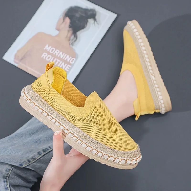 Women's Sol Knit Espadrilles in yellow, featuring a breathable air mesh upper, braided jute sole, and lightweight design.