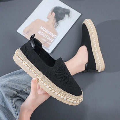 Women's Sol Knit Espadrilles in Black, featuring a breathable air mesh upper, braided jute sole, and lightweight design.