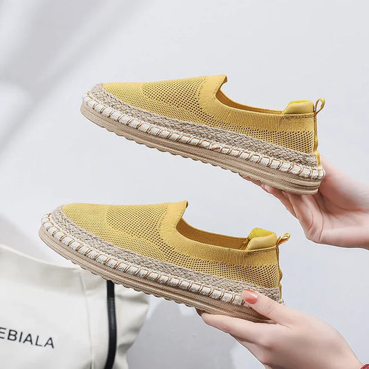 Women's Sol Knit Espadrilles in yellow, featuring a breathable air mesh upper, braided jute sole, and lightweight design.