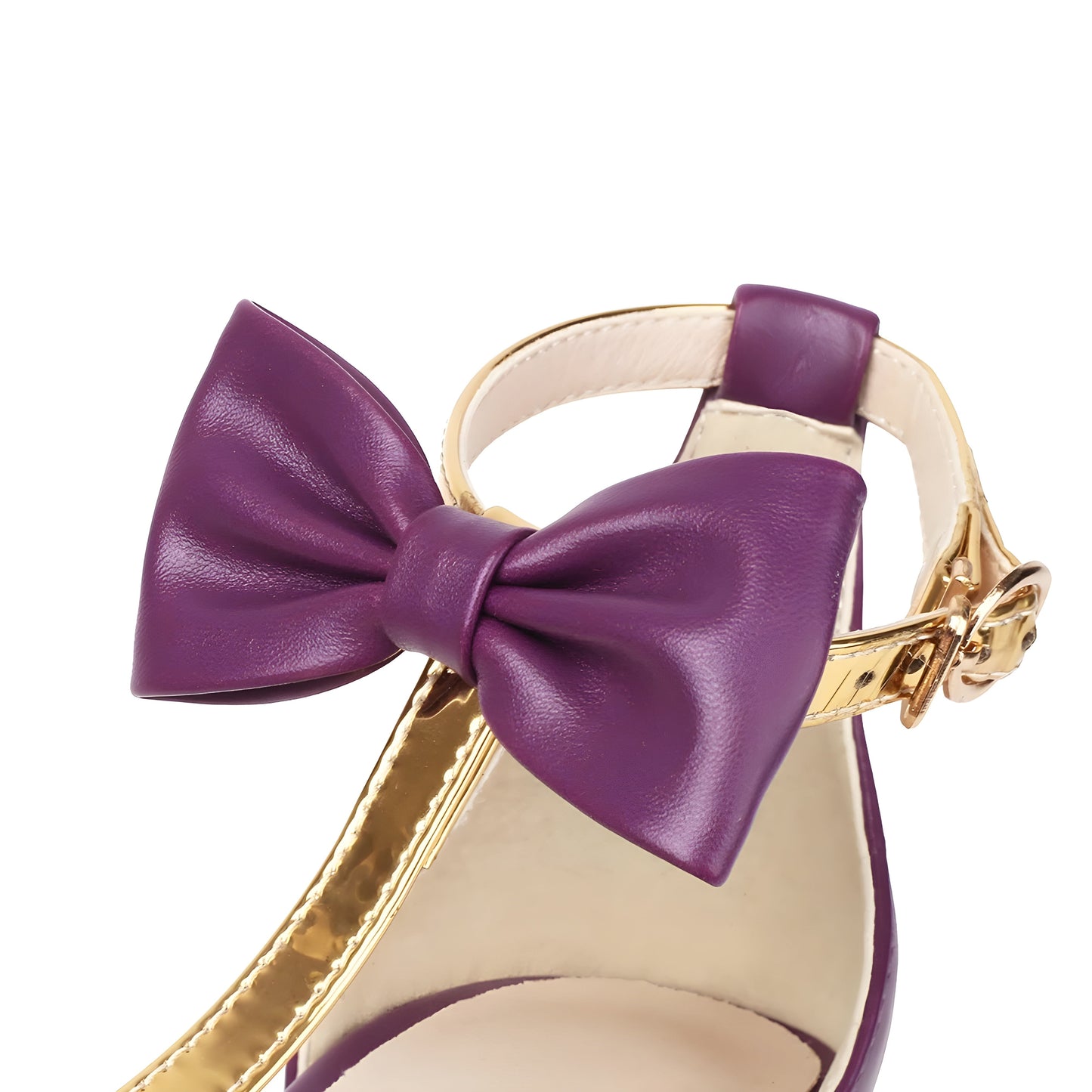 Gisele Bow-Strap Stilettos in lavender vegan leather, featuring a pointy-toe design, gold accents, and a 10cm high heel.